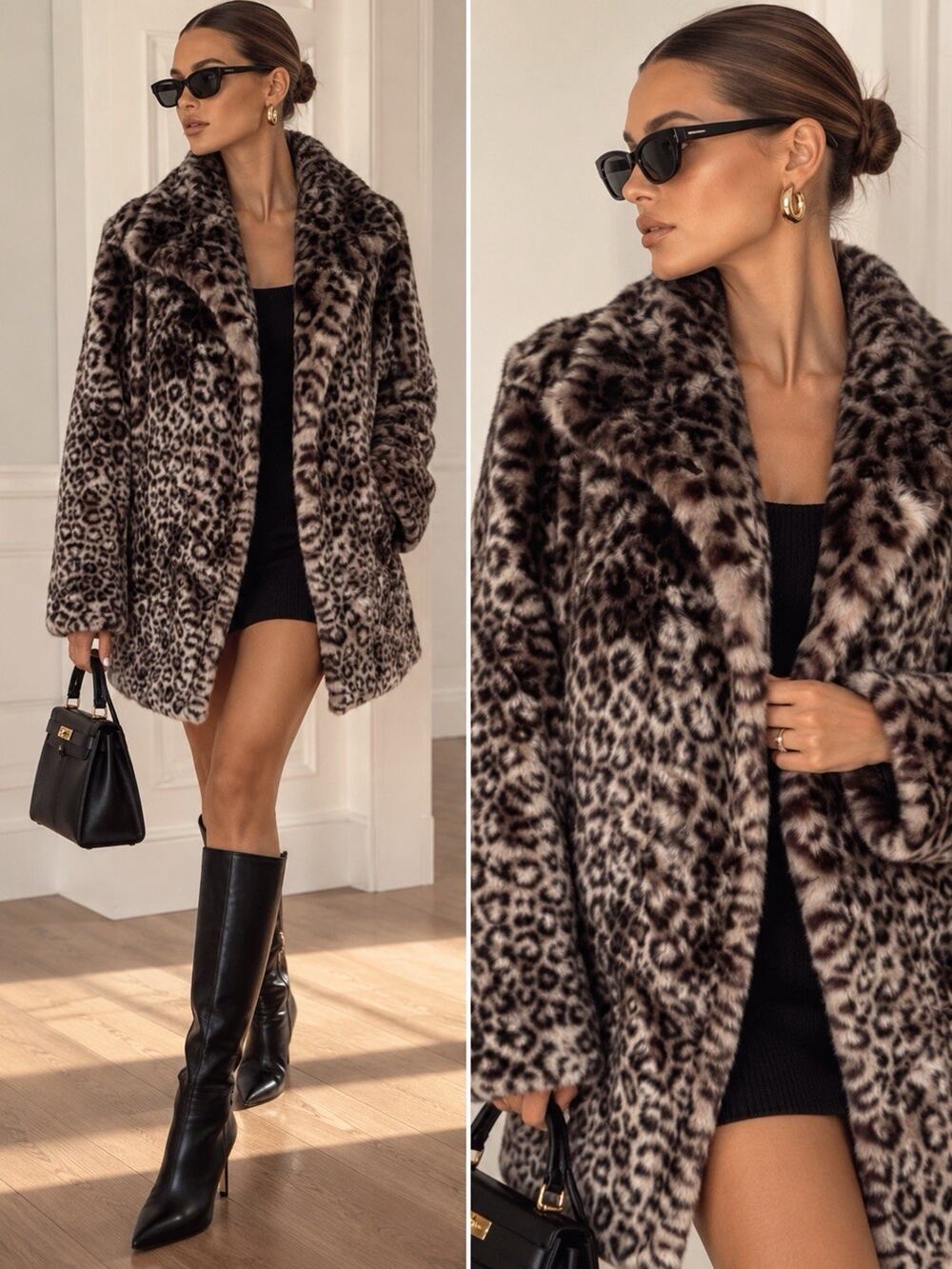 Calvin Klein Faux Fur Leopard Coat Women's M Mob Wife Gray BlackOmbre Jacket